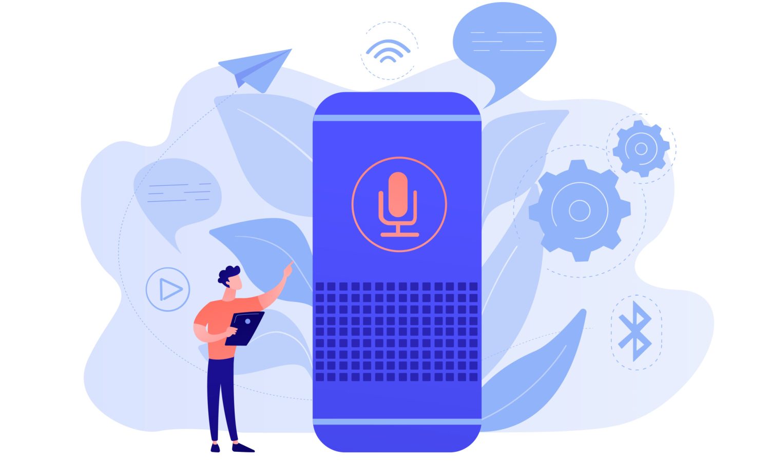 User with voice controlled smart speaker or voice assistant. Voice activated digital assistants, home automation hub, internet of things concept. Vector isolated illustration.